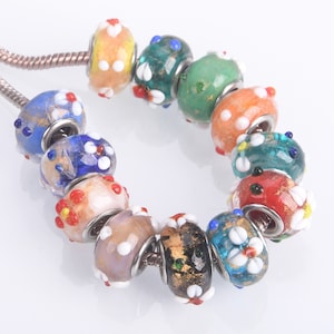 5pcs Handmade Flower 15x9mm Rondelle Murano Lampwork Glass Loose Big Hole Beads Fit European Charm Bracelet Jewelry Making DIY