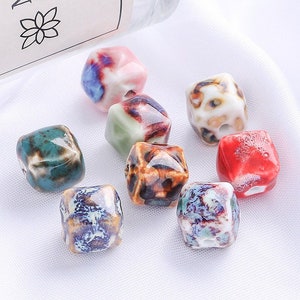 5pcs 13mm Polygon Cube Handmade Glazed Ceramic Porcelain Loose Beads For Jewelry Making DIY Crafts Findings