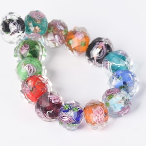 10pcs 10x7mm 12x8mm Flower Inside Rondelle Facted Loose Lampwork Exquisite Crystal Glass Beads Jewelry Making --- 5 Colors LL003