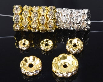 Wholesale 5mm 6mm 8mm 10mm 12mm lacelike Flower Rondelle Metal & Crystal Rhinestones Spacer Beads Bulk Lot Loose Craft Findings--ZQ020~ZQ024