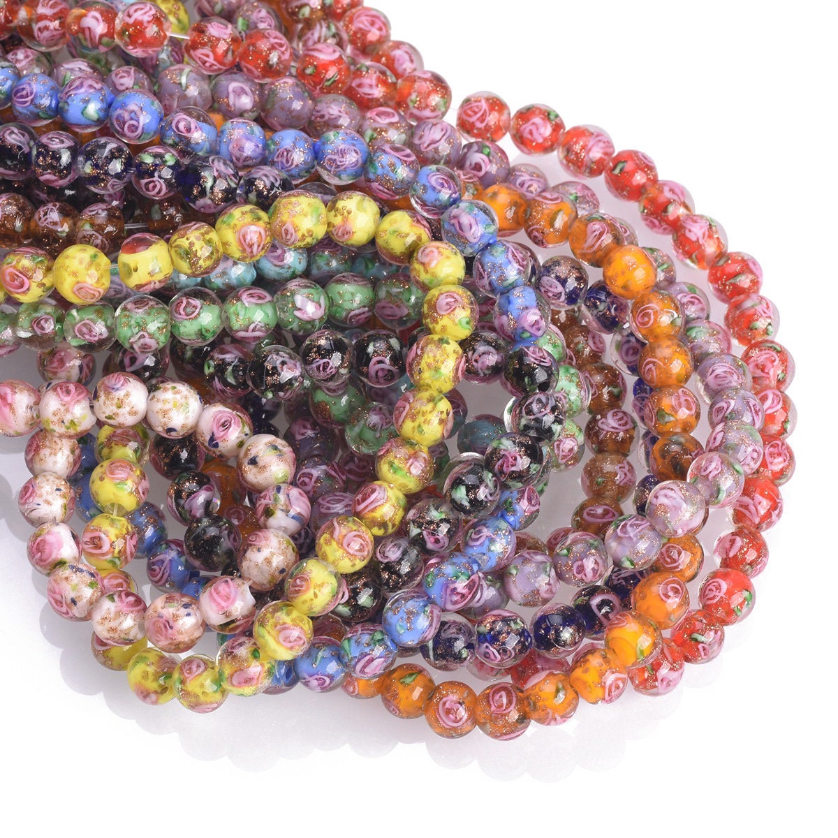 10Pcs 8mm Gold Foil Flower Lampwork Glass Beads – Handmade DIY Jewelry Supplies