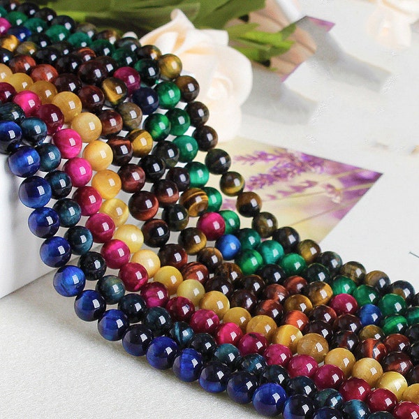 Colorful Tiger Eye 15" Strand Round 4mm 6mm 8mm 10mm 12mm Loose Stone Gemstone Beads lot for Jewelry Making DIY Crafts Findings