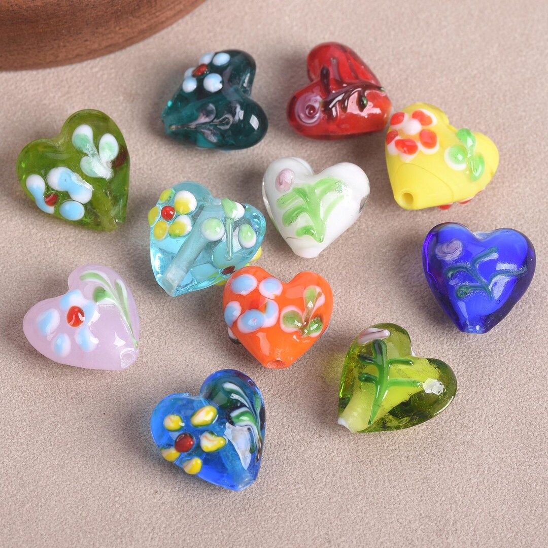 5pcs Heart Shape 16x14mm Flower Patterns Handmade Lampwork Glass