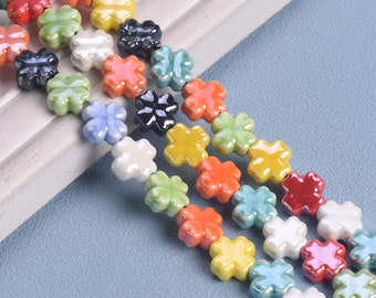 10pcs Cross Clovers Flower Shape 12mm Shiny Ceramic Porcelain Loose Beads For Jewelry Making DIY Earring Pendants Findings