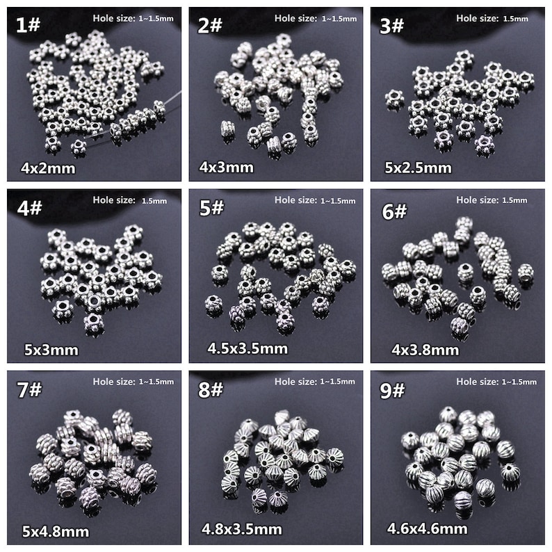 May include: Nine different sizes of silver metal beads with a decorative design. The beads are arranged in rows with the size and hole size listed below each row.