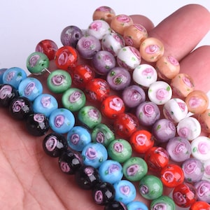 10pcs 10mm Round Handmade Rose Flower Lampwork Glass Loose Beads For Jewelry Making DIY Crafts Bracelet Findings