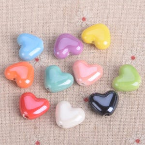 10 peças 15 x 13 mm Coração Forma Feito à Mão Brilhante Brilhante Cerâmica Esmaltada Porcelana Solta Contas Lote para Fazer Jóias Artesanato DIY