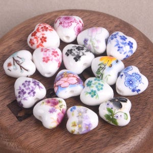 10pcs Heart Shape 13x12mm Flower Painting Handmade Ceramic Porcelain Loose Beads For Jewelry Making DIY Crafts Findings