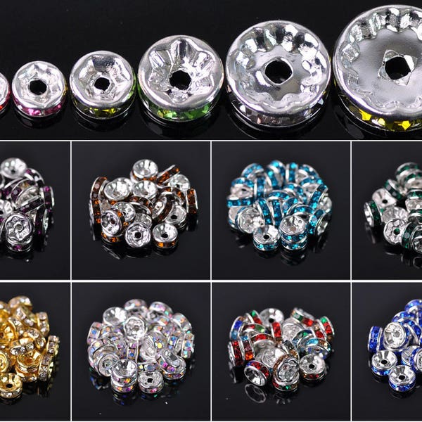 Wholesale 4mm 5mm 6mm 8mm 10mm 12mm Rondelle Metal & Crystal Rhinestones Spacer Beads Bulk Lot Loose Craft Findings---ZQ050~ZQ055