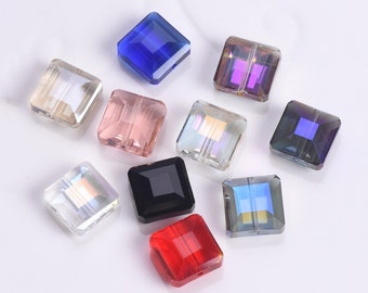 10pcs 14mm Square Faceted Crystal Glass Cross Hole Loose Spacer Beads For Jewelry Making DIY Findings  --- YX008