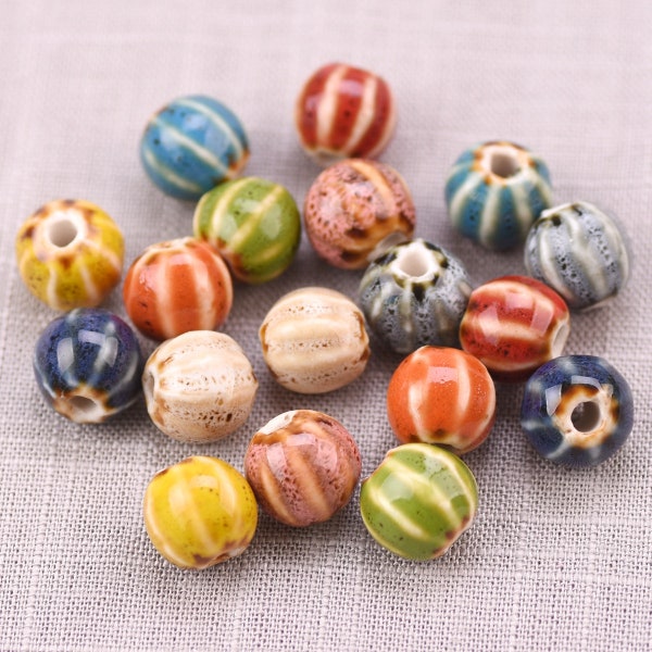 10pcs 11mm Round Pumpkin Pettern Handmade Ceramic Porcelain Loose Crafts Beads for Jewelry Making DIY Findings Bulk Lot