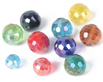 96 Facets AB Plated Round Ball Faceted Crystal Glass 6mm 8mm 10mm 12mm Loose Spacer Beads Lot for Jewelry Making DIY Crafts Findings