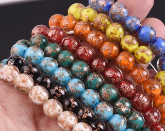 10pcs Round 8mm 10mm 12mm Golden Foil Handmade Lampwork Glass Loose Beads for Jewelry Making DIY Crafts Findings