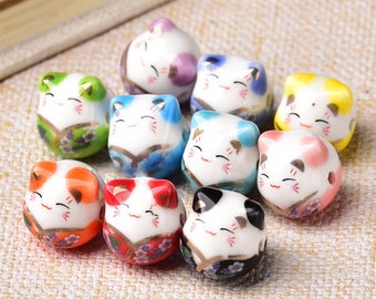 5pcs 16x14mm Fortune Cat Loose Ceramic Porcelain Beads For Jewelry Making DIY Crafts Findings