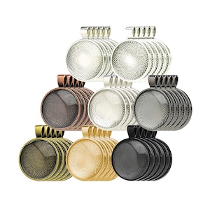 May include: A set of 10 round metal pendant trays in various colours, including silver, gold, bronze, and black. Each tray has a decorative pattern and a loop for hanging.