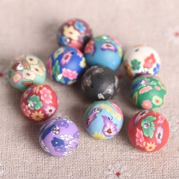 10pcs Round 15mm Random Mixed Flower Patterns Handmade Polymer Clay Loose Beads For Jewelry Making DIY Bracelet Findings