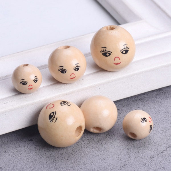 10pcs Girl Face Painting Round Natural Wood 14mm 18mm 22mm Loose Beads Wholesale Bulk Lot for Jewelry Making DIY Craft Woodcraft