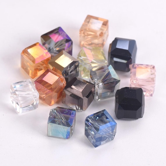 Perles En Verre Cristal Vintage Cubiques 6mm - Brin De 15 Pouces, Couleurs Variées, Pour Création Bijoux