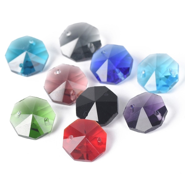 10pcs 14mm 2 Holes Exquisite Octagon Faceted Crystal Glass Loose Pendant Connector Beads for Jewelry Making Decor Crafts Findings Wholesale