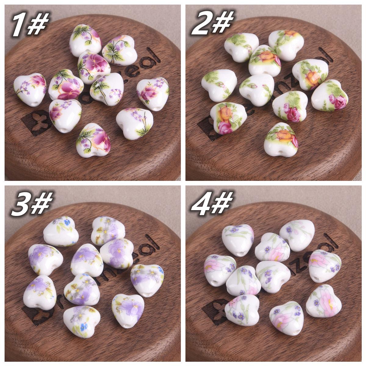 10 Perline Sfuse In Ceramica Porcellana A Cuore Con Fiori 13x12mm