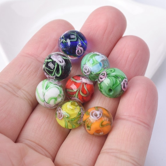 Cuentas Redondas De Vidrio Para Fabricación De Joyas, Abalorios Sueltos De Vidrio Con Patrón De Flor Hechas A Mano, 12mm, 5 Piezas - AliExprs