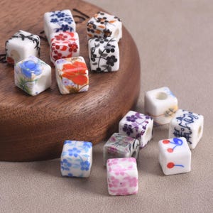 10pcs 10mm Cube Shape Flower Patterns Ceramic Porcelain Loose Beads For Jewelry Making DIY Crafts Findings