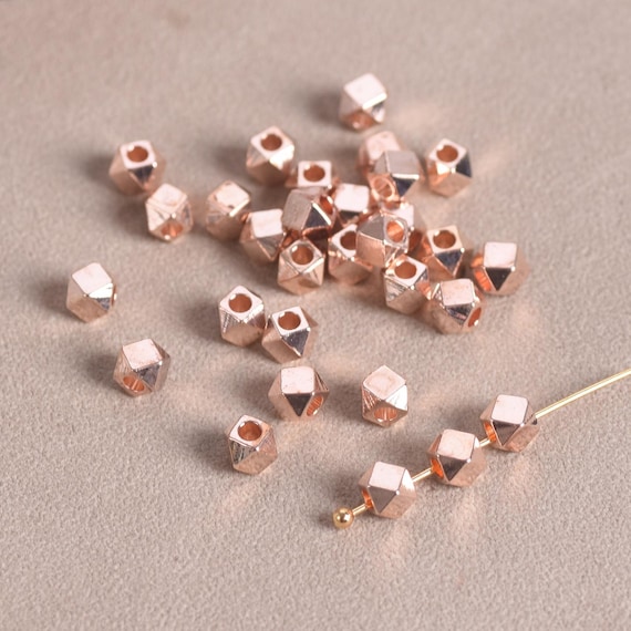 30pcs Geometric Polygon Faceted 4mm Rose Gold Color Plated Brass Metal Loose Beads For Jewelry Making DIY Crafts Findings