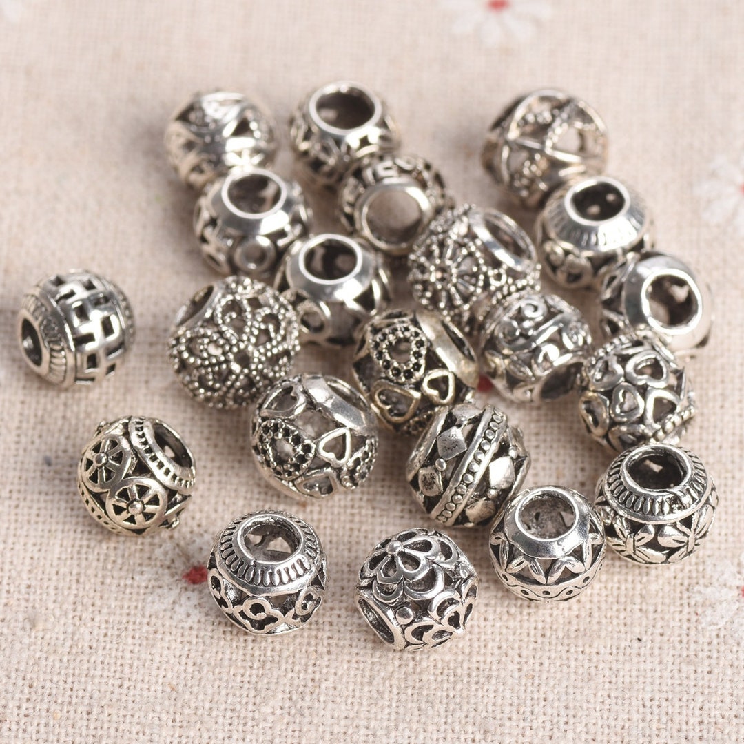 20pcs Tibetan Silver Metal European Beads – Large Hole Column Charms, Carved, 11.5mm