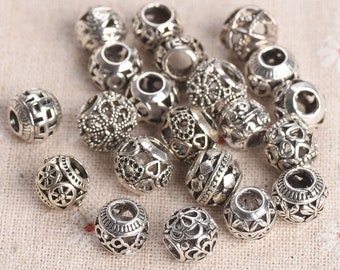 10pcs 10mm ~ 12mm Antique Tibetan Silver Metal Alloy Big Hole Loose Spacer Beads Fit European Charm Bracelets Pour la fabrication de bijoux