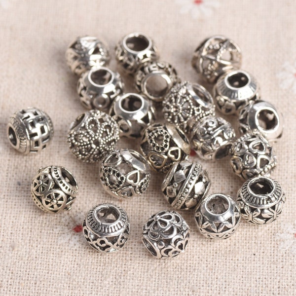 10 Stück 10mm ~ 12mm Antik Tibetsilber Metalllegierung Großes Loch Lose Spacer Perlen Passen Europäische Charm Armbänder für Schmuckherstellung