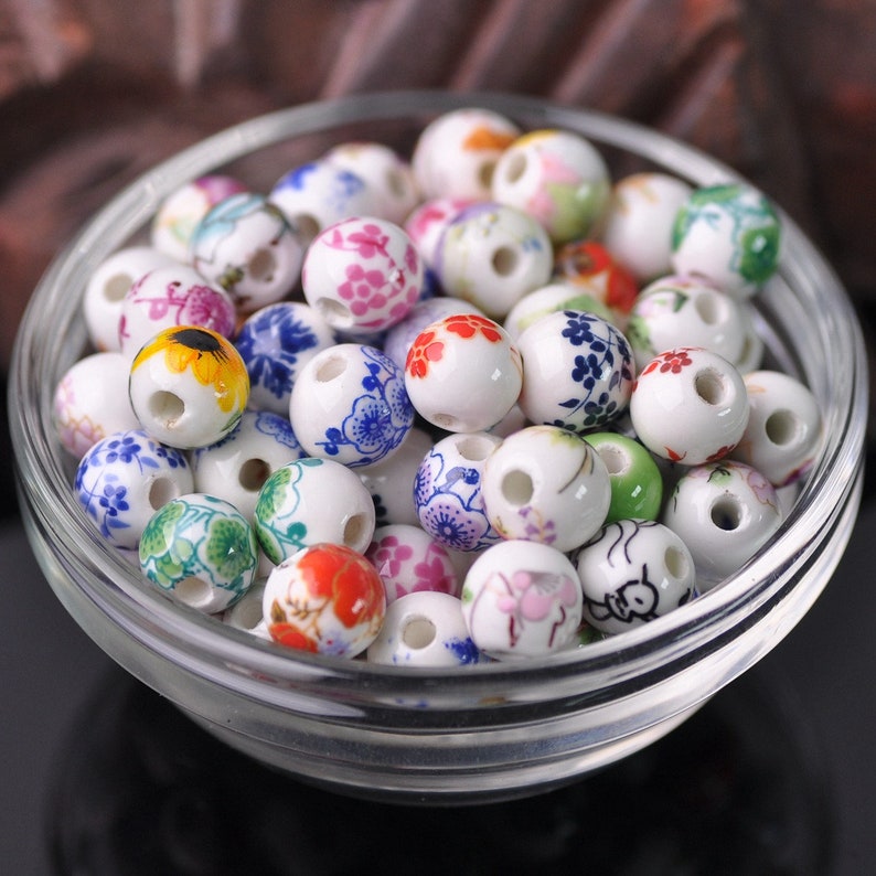 10pcs Round 8mm 10mm 12mm Flower Patterns Ceramic Porcelain Loose Beads Bulk Lot For Jewelry Making DIY Crafts Findings 0# Random Mixed