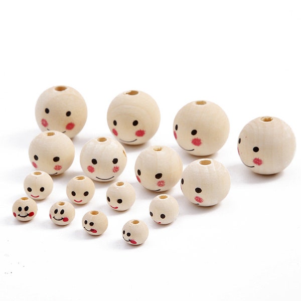 Smile Face Painting Round 10mm 12mm 20mm 25mm Natural Wood Loose Beads For Jewelry Making DIY Craft Woodcraft