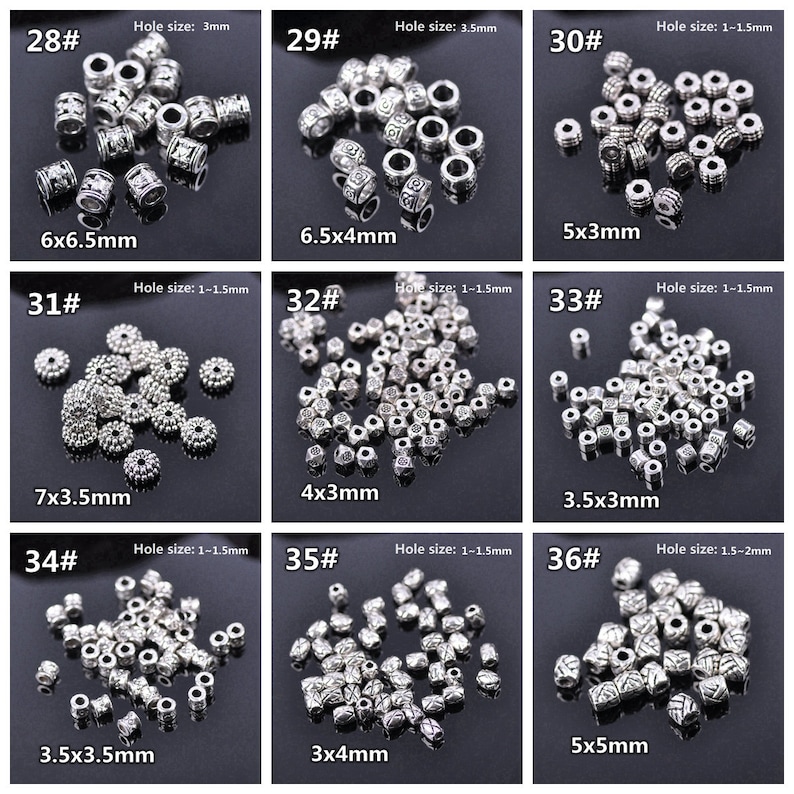 May include: Assortment of silver metal beads in various shapes and sizes. The beads are arranged in rows with their size and hole size listed below each row. The beads are perfect for jewellery making, crafts, and other DIY projects.