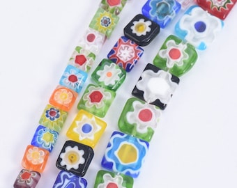 1 Strand 6mm 8mm 10mm Square Shape Mixed Millefiori Glass Beads for Jewelry Making DIY Crafts Findings