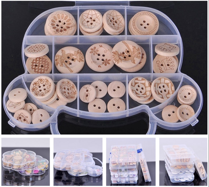 1 Box Mixed Wooden Buttons Pattern Decorative 2/4 Holes 19-25mm Sewing ...