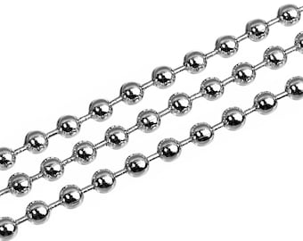 May include: A silver chain made of small, round beads. The chain is shown in three rows, with the beads overlapping.