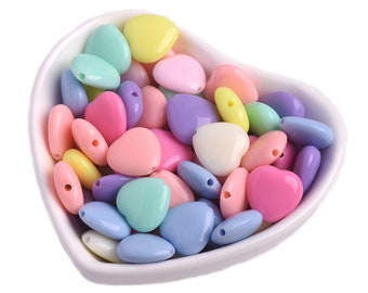 50pcs Heart Shape 12mm 14mm Mixed Spring Colors Acrylic Plastic Loose Beads For Jewelry Making DIY Crafts Findings