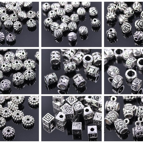 Lot de 50 perles d'espacement en vrac en métal en alliage de zinc, argent tibétain, 4 mm ~ 10 mm, pour la fabrication de bijoux, résultats d'artisanat bricolage