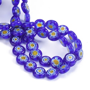 6mm 8mm 10mm Flat Round Millefiori Glass Deep Blue & Yellow Flower Pattern Lampwrok Loose Spacer Beads Wholesale lot for Jewelry Making