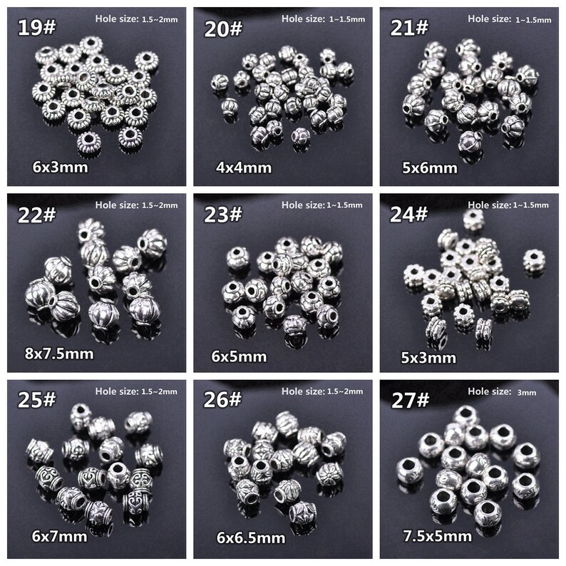 May include: Assortment of silver metal beads in various sizes and styles. The beads have a decorative design and are ideal for jewellery making. The beads are labelled with numbers and measurements in millimetres.