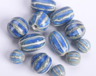 10pcs Fambed Blue Pumpkin Shape Round/Oval 11mm/20x14mm Handmade Ceramic Porcelain Loose Beads For Jewelry Making DIY Crafts Findings