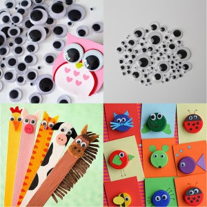 May include: A collection of googly eyes in various sizes, with a pink owl with googly eyes, and a variety of craft projects using googly eyes, including animals made from popsicle sticks and bottle caps.
