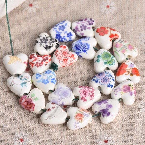 10pcs 14mm Flower Patterns Heart Shape Ceramic Porcelain Loose Beads for Jewelry Making DIY Crafts Findings