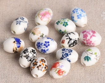 10pcs 11x15mm 13x18mm Flower Patterns Oval Shape Ceramic Porcelain Loose Beads For Jewelry Making DIY Crafts Findings