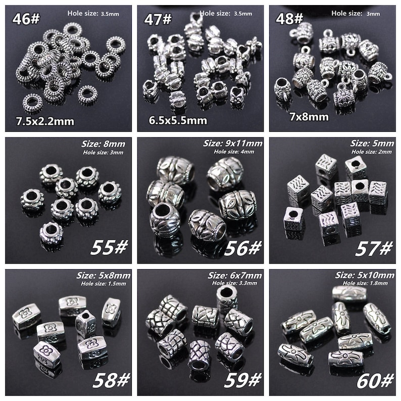 May include: Assortment of silver-toned metal beads and charms for jewellery making. The beads are various shapes and sizes, including round, oval, square, and rectangular. Some beads have decorative designs, while others are plain. The beads are arranged in rows on a black background. The image includes the text "46#", "47#", "48#", "55#", "56#", "57#", "58#", "59#", "60#", and the size and hole size of each bead.