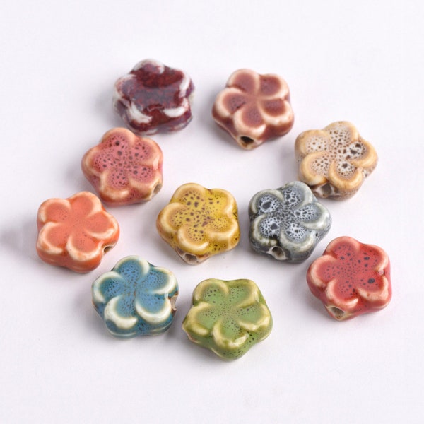 10pcs 16mm Flower Shape Handmade Fancy Glazed Ceramic Porcelain Loose Crafts Beads for Jewelry Making DIY Findings Bulk Lot