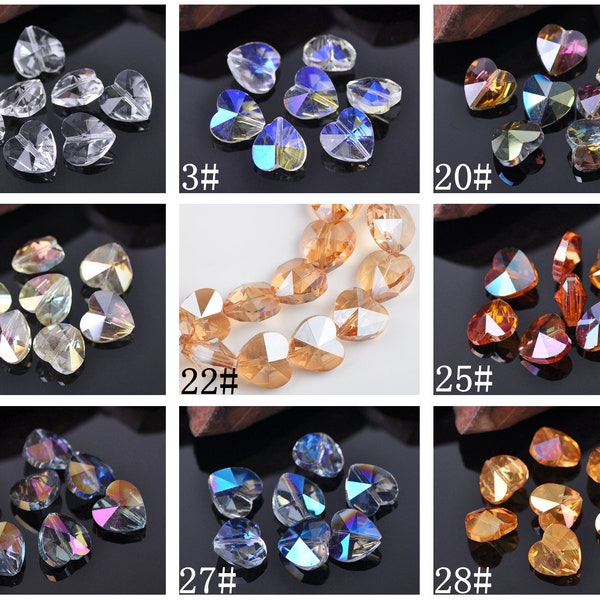 10pcs 14x12mm Exquisite Heart Facted Crystal Glass Loose Spacer Beads lot for Jewelry Making DIY Crafts Findings ---9 Colors YX302