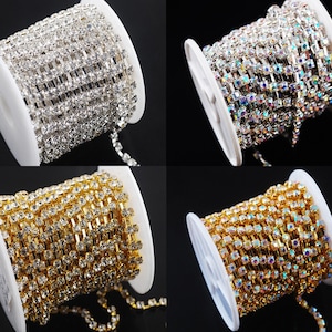 10Yards/Roll SS6-SS18 Crystal Clear AB Gold/Silver Grade A+ Sparse Cup Rhinestones Trim Sewing Copper Claw Chain Jewelry Making ZL050-ZL056