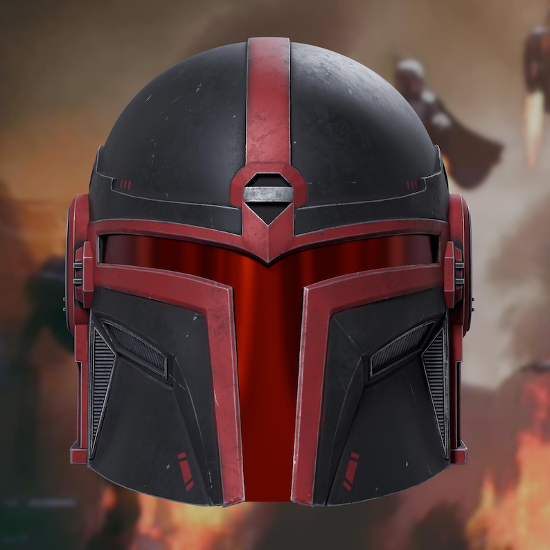 May include: A matte black and red helmet featuring a T-shaped visor, a central vertical red stripe, and angular geometric paneling. The design includes a metallic silver accent above the visor and recessed side vents on the lower faceplate.