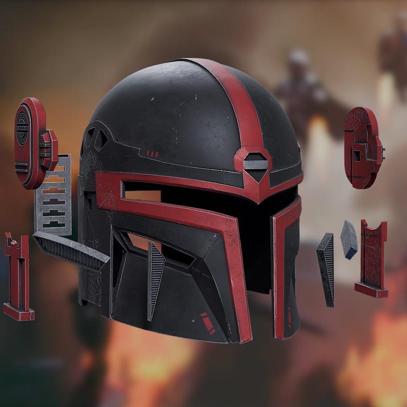 May include: A black helmet with a matte finish and red accents featuring a central vertical stripe, a horizontal visor opening, and various detached modular components including side panels, vents, and geometric attachments arranged around it.